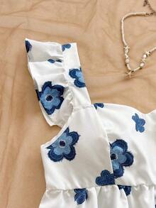 Blusa de corte de línea A con cuello cuadrado, manga corta y estampado retro azul y blanco, adecuada para fiestas, citas, el Día de San Valentín, el té de la tarde - Azul y blanco 4 - Ver 5