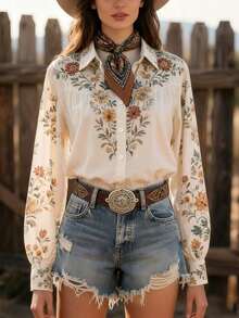 Camisa de manga larga con estampado floral vintage bohemio para mujer, blusa casual de primavera/verano, adecuada para viajes, festivales de música y equitación, ropa de moda para vacaciones en color blanco - Blanco - Ver 3