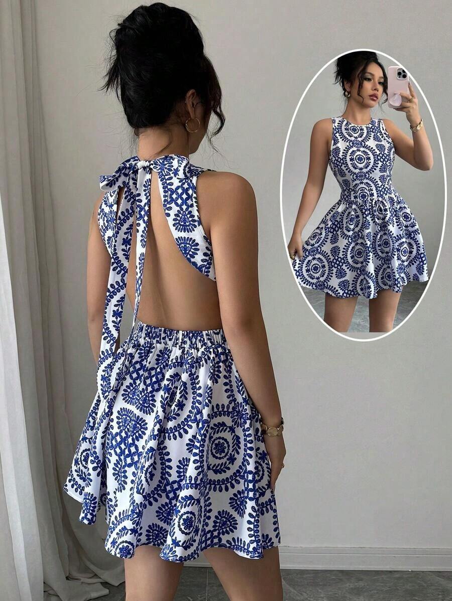 Vestido corto sin espalda para mujer, minimalista y de moda, adecuado para el verano - Azul - Ver 1