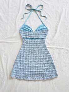 Vestido mini con textura, escote en V, decoración de estrella de mar metálica, cuello con lazo, espalda descubierta, ideal para vacaciones, citas, té de la tarde, días festivos, festivales de música, estilo bohemio - Azul 2 - Ver 2
