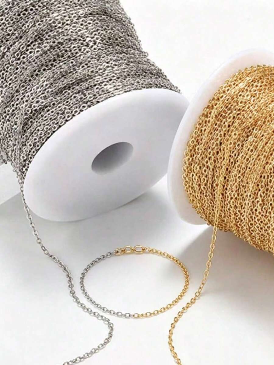 10m/Roll Solid Color Flat Cross Steel Chain, Steel & Gold Color, Jewelry Making Metal Chain, DIY Accessories