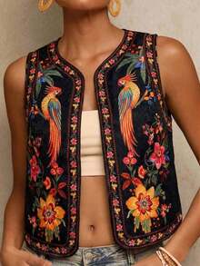 Chaleco ligero de mujer con bordado floral y de loro, chaleco bohemio, chaleco floral, estilo casual de mujer, atuendo para salir, atuendos elegantes, estilo campestre para mujer, atuendos casuales, chaleco elegante - Negro - Ver 8