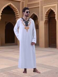 1pc White V-Neck Printed Men's Traditional Arabic Robe, Arabian Traditional, Saudi Men's Robe, Saudi Men's Pajamas, Moroccan Men's Robe - White - View 6