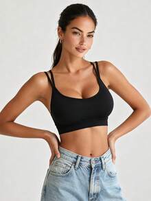 Runway Rest Brassière de sport à bretelles fines pour femmes, soutien léger, brassière de yoga plissée sans couture avec rembourrage, Top court pour le jogging, le fitness - Noir - Voir 3