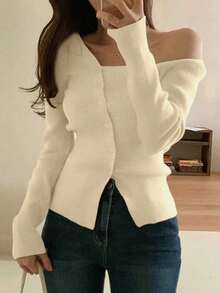 Blusa casual de mujer de punto acanalado con botones y manga corta - Albaricoque - Ver 1