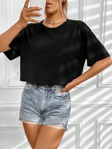 Camiseta casual de mujer con cuello redondo, manga corta y bloque de color con estampado de letras - Negro 2 - Ver 3