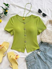 Blusa casual de mujer con manga corta, bordado de malla y lazo con botón - Verde 2 - Ver 3