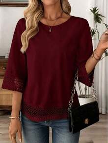 Blusa blanca elegante de talla grande para mujer con adorno de encaje a crochet, de longitud regular para primavera - Rojo azufaifo - Ver 7