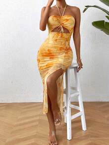 Vestido largo de mujer con cuello de halter, plisado y estampado de malla - Amarillo - Ver 7
