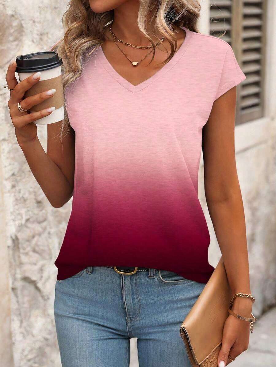 Blusa de rayas de verano casual para vacaciones, de manga corta y cuello en V, minimalista y versátil para uso diario y viajes, estilo coreano suave y apropiada para la oficina - Rosa - Ver 1