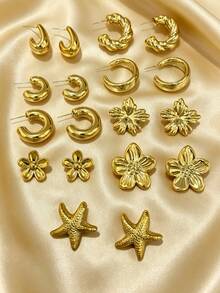 6/18pcs Gold Tone Large Starfish, Assorted Flower, Smooth Water Drop C-Shaped Twist Hoop Earrings Set, Best Gift For Friends And Family - Gold - View 3