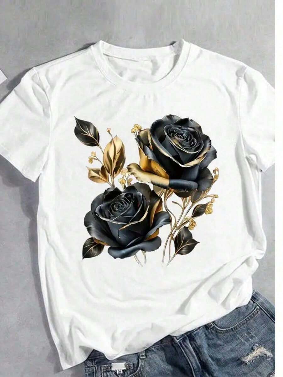 [Entrega Local]Playera Para Mujer Camiseta Casual de Poliéster para Mujer, Cuello Redondo, Manga Corta, con Elegante Estampado de Rosas en Negro y Dorado, Corte Regular