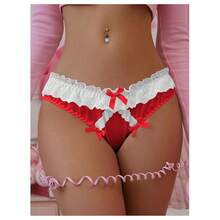 Women's Satin Bow Panty Lace Trim Low Rise Cute Bikini Underwear Silky Panty Brief - 紅色 - 查看 5