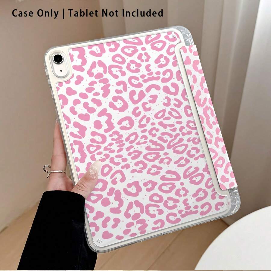 Funda protectora de tableta de cristal acrílico con efecto pintado de estampado de leopardo rosa, compatible con modelos populares de /Apple///Honor///, plegable y resistente a la flexión, esquinas reforzadas de silicona, función de activación/suspensión automática, ranura para lápiz incorporada, soporte plegable multiángulo - Estilo 4 - Ver 1