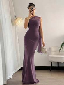 Vestido maxi ajustado de estilo elegante y romántico, con cuello asimétrico, adecuado para fiestas, vacaciones en la playa, vuelta al colegio, citas románticas, temporada de bodas, cumpleaños, Pascua, primavera/verano - Púrpura polvoriento - Ver 1