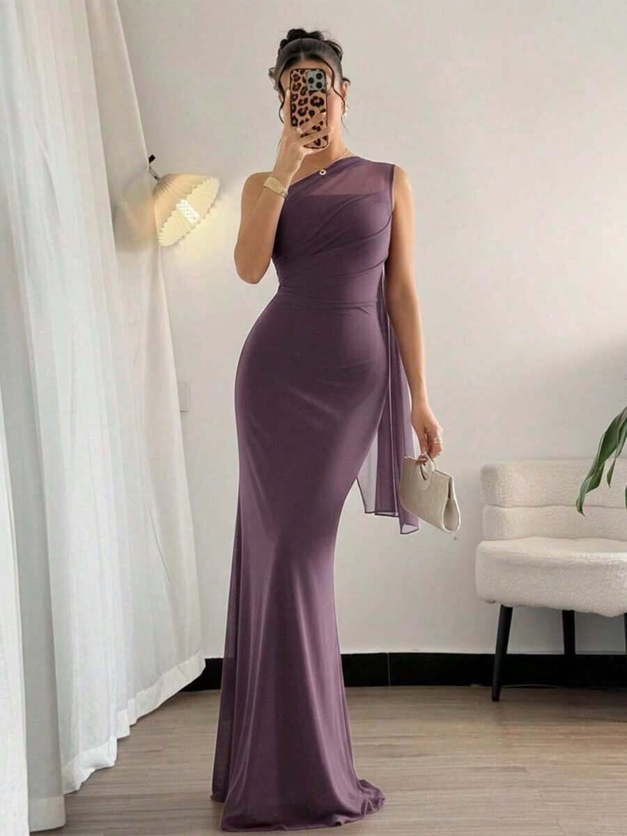 Vestido maxi ajustado de estilo elegante y romántico, con cuello asimétrico, adecuado para fiestas, vacaciones en la playa, vuelta al colegio, citas románticas, temporada de bodas, cumpleaños, Pascua, primavera/verano - Púrpura polvoriento - Ver 1