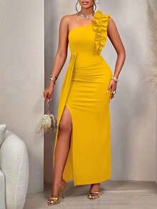 AIJ Vestido elegante de corte asimétrico con hombro descubierto, diseño fruncido y volantes, sin mangas, para mujer, unicolor, para fiestas, citas, fiestas de solteros, cenas formales o eventos de gala en otoño e invierno 2024 - amarillo ganso - Ver 5