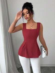 Camisa sin mangas con cuello cuadrado, cintura con lazo y rayas para el verano 2025 - Rojo - Ver 3