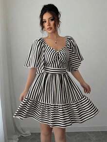 Elenzya Vestido de primavera y verano de talla media con rayas azules y blancas, manga corta, elegante y casual, con cintura ajustada para mujeres - Blanco y Negro - Ver 6