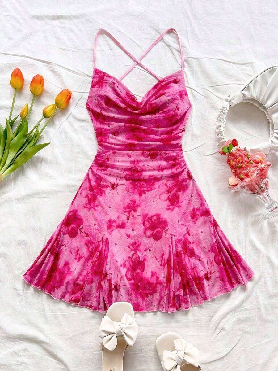 Vestido mini de mujer para vacaciones con tirantes finos, escote pronunciado, espalda descubierta, lazo, bajo estilo sirena, estilo romántico, vestido mini para pausas de té, caminatas al aire libre, citas, atuendo de playa, malla, joven y feme - Multicolor - Ver 1