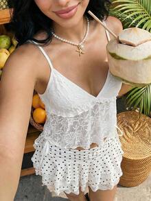 Blusa de tirantes de mujer con volantes de tela texturizada de unicolor para el verano y vacaciones - Albaricoque 2 - Ver 4