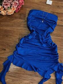 Elegante vestido ajustado de color vino tinto con cuello halter, con diseño asimétrico y fluido, perfecto para fiestas, vacaciones en la playa, festivales de música, salidas y citas, vestido ajustado de verano para mujer, vestido de fiesta para mujer - azul real - Ver 4