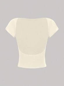 Camiseta casual de mujer de cuello de pico, manga corta y ajustada, versátil - Albaricoque - Ver 1