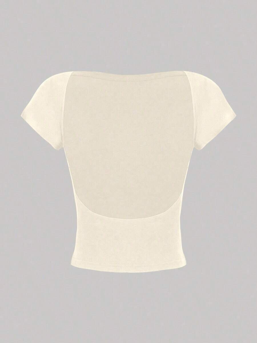 Camiseta casual de mujer de cuello de pico, manga corta y ajustada, versátil - Albaricoque - Ver 1