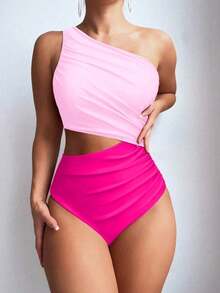Swim 1 pieza Traje de baño de una pieza para mujer con diseño calado y fruncido en color liso - Rosa Fucsia - Ver 3