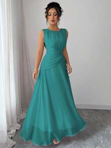 Vestido maxi casual, romántico, vintage y elegante de gasa para mujer con cordón en la cintura, para la playa, el té de la tarde, fiestas de noche, uso diario, sin mangas, de unicolor, vestido largo, primavera/verano - Agua verde azul - Ver 4
