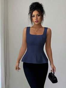 Blusa elegante de cuello cuadrado sin mangas para mujer, adecuada para la oficina, el transporte, el té de la tarde, las fiestas, las vacaciones y ocasiones casuales - Azul marino - Ver 5