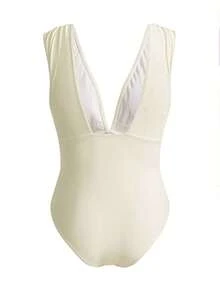 Swim Oasis Conjunto elegante de retro con estampado en espiral de un solo pieza de traje de baño coordinado con pantalón de pierna ancha, conjunto de vacaciones elegante para mujeres - Beis - Ver 5