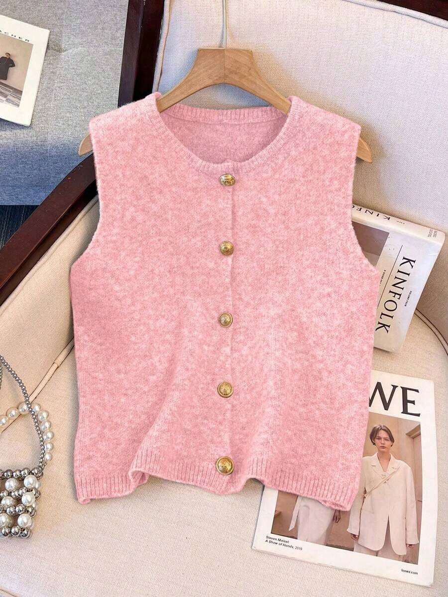1 pieza Chaleco de punto de mujer minimalista de unicolor con botón de metal suave, parte superior casual versátil, suéter de moda de cuello redondo - Rosa Pálido - Ver 1