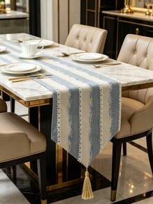Coastal Light Blue & White Striped Table Runner With Tassel, Boho Farmhouse Textured Woven Dining Table Runner, Decorative Neutral Table Runner For Kitchen Living Room Wedding Party Indoor Outdoor Home Decor - Multicolor - View 8