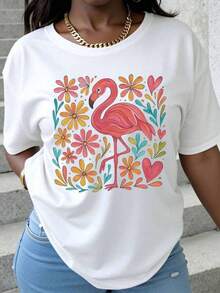 Camiseta con estampado floral de flamenco para mujer, top casual de verano con diseño de corazón y flor, camiseta de cuello redondo blancara atuendos de playa, vacaciones y fiestas - Blanco - Ver 2