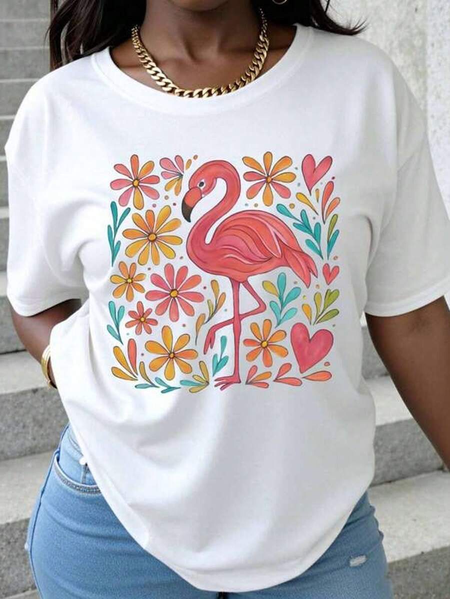 Camiseta con estampado floral de flamenco para mujer, top casual de verano con diseño de corazón y flor, camiseta de cuello redondo blancara atuendos de playa, vacaciones y fiestas