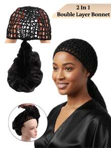 nunify 2 in 1 Wrap Cap Satin Bonnet Bolak-balik Dapat Dilepas untuk Rambut Keriting, Cocok untuk Tidur, Pelurusan Rambut & Perlindungan Kepang, Penutup Rambut Ganda yang Dapat Diatur dengan Jaring, Penutup Pelindung Rambut Elastis untuk Rambut Alami dan Kepang. - View 3