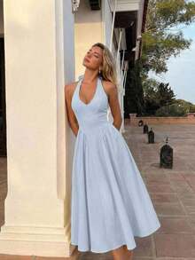 YHHSHEIN MOD Vestido largo con corbata de cuello de unicolor y estilo minimalista para mujer, uso casual diarioYHH - Azul - Ver 8