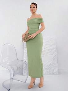Vestido elegante de punto con hombros descubiertos de unicolor para banquetes - verde menta - Ver 5