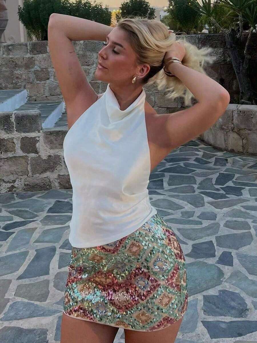 Camiseta sin espalda de satén negro para mujer, Camiseta de tirantes para playa de verano para mujer, Camiseta de tirantes finos con hombros descubiertos de color rosa para mujer - Blanco - Ver 1