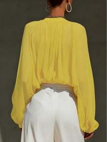 Blusa de mujer de manga larga de gasa, top semitransparente de cuello en V profundo, adecuado para ocasiones formales de primavera - Amarillo - Ver 3