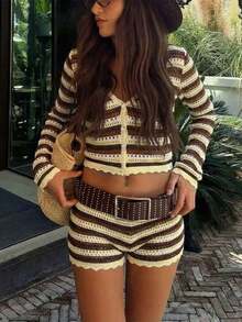 2 piezas Conjunto de top corto y shorts de mujer para verano con bloques de color, rayas y diseño calado. Estilo de vacaciones en la playa, top corto elegante y conjunto de shorts ligeros adecuado para primavera/verano, fiesta en la playa, vacaciones, estilo bohemio, sexy - Multicolor 2 - Ver 8