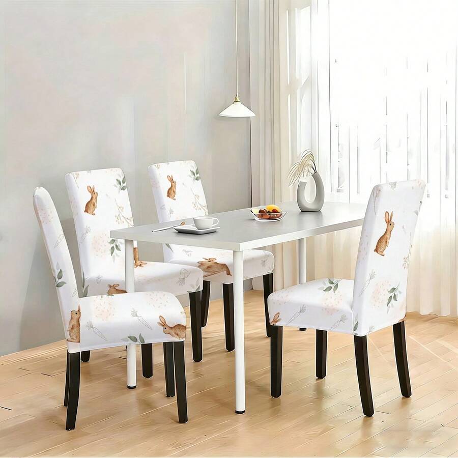 1pc/2pcs/4pcs/6pcs/30pcs Stretch Dining Chair Cover, Universal Size, Cottagecore Bunny Style, Rabbit & Carrot Print, High Elastic Polyester Fabric, Full Coverage, Stain Resistant, Washable & Removable Slipcover - Multicolor - View 1