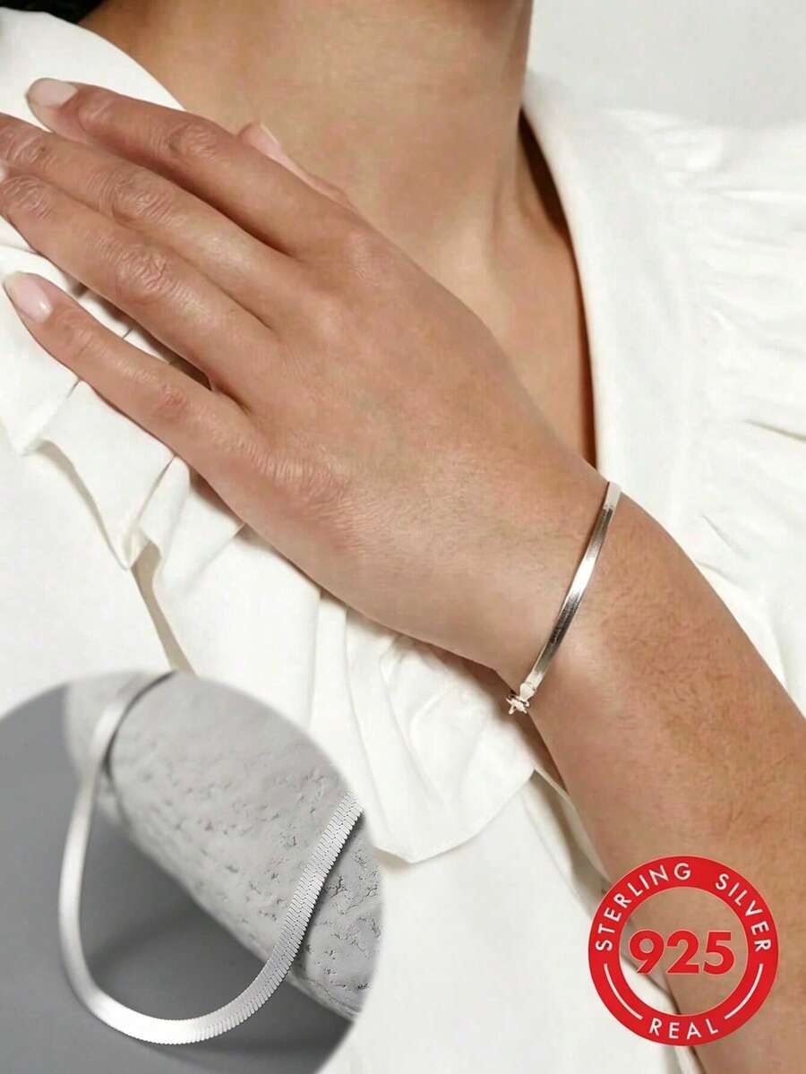 1 pieza Pulsera de plata de ley S925 con circonita, regalo de joyería exquisita para mujeres, novia - Plateado - Ver 1