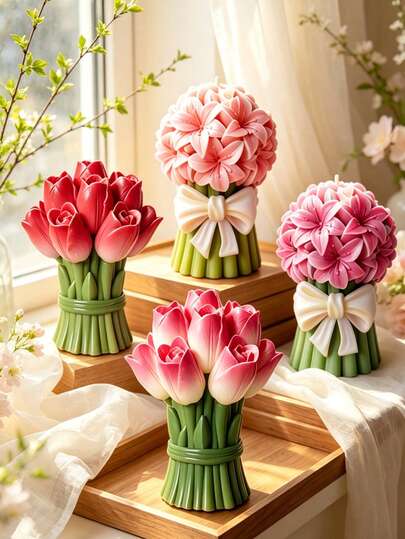 1Pc Tulip Bouquet Silicone Candle Mold, 3D Bow Tulip Flower Candle Mold, Irregular Creative Shape With Clear Flower Texture, Non-Stick Easy Demold Reusable Mold For Candle Making, Scented Wax, Gypsum, Resin, Soap And Clay Crafts, Perfect For Home Decor And Mother's Day Candles Gifts