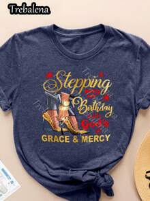 1 Piece Women's Birthday Letter Print T-Shirt - Casual Polyester Top With Round Neck And Alphabet Pattern, Short Sleeve, Regular Length For All Seasons. - White - View 8
