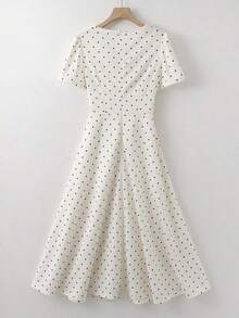 Vestido corto de manga corta de estilo minimalista y romántico para uso diario y casual, con cuello con volantes, lazo en la cintura y estampado de lunares al estilo francés, para primavera/verano - Albaricoque - Ver 2