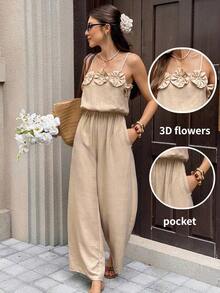 Mono de pierna ancha con decoración floral texturizada y bolsillos para mujer - Albaricoque - Ver 6