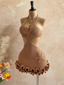 Vestido de suéter con volantes y decoración floral casual de color caqui para mujer, adecuado para playa, crucero, vacaciones en la ciudad, citas festivas, té de la tarde, festivales de música, estilo bohemio, vestidos de verano, fiesta - Caqui - Ver 12