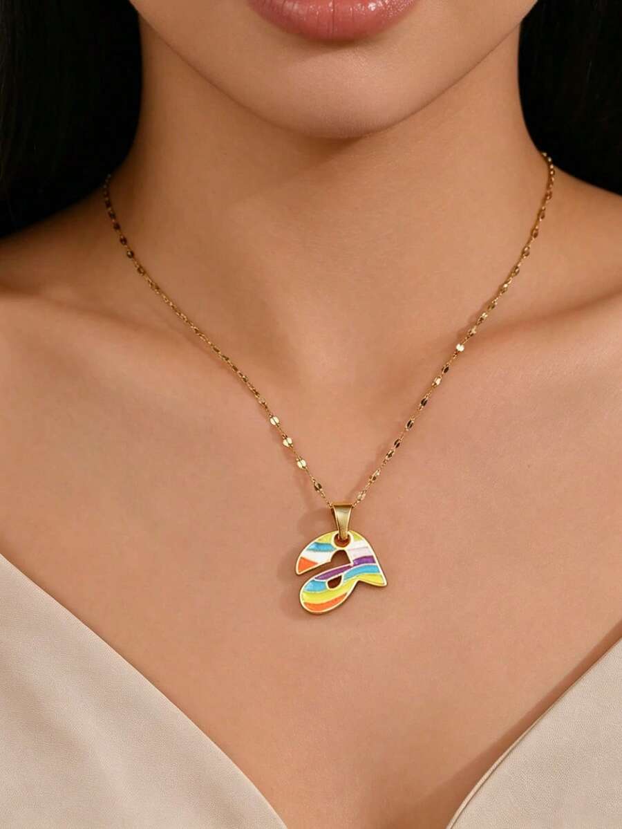 1pc Fashionable & Fun Colorful Oil Drop Stainless Steel Rainbow 26 Letters Women's Daily Wear Necklace - Letter - View 1